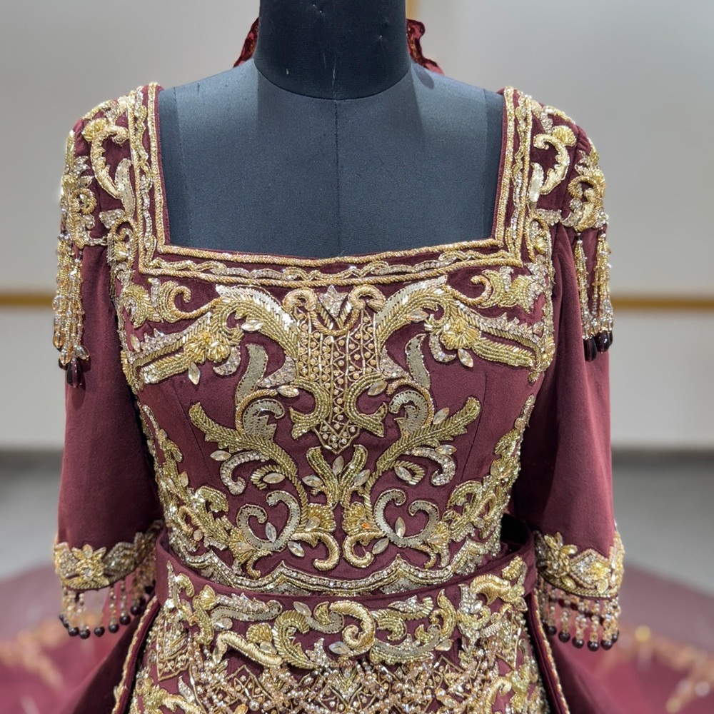 Burgundy and Gold Negafa Kaftan Dress